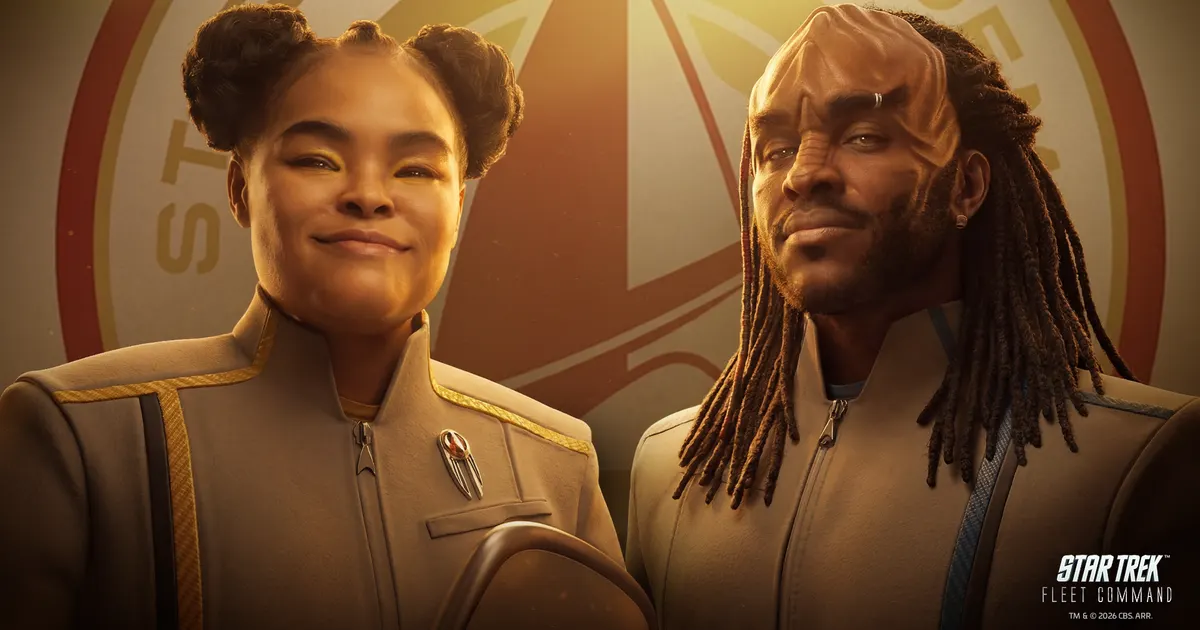 Star Trek Fleet Command key art showing starships against the Star Trek galaxy backdrop