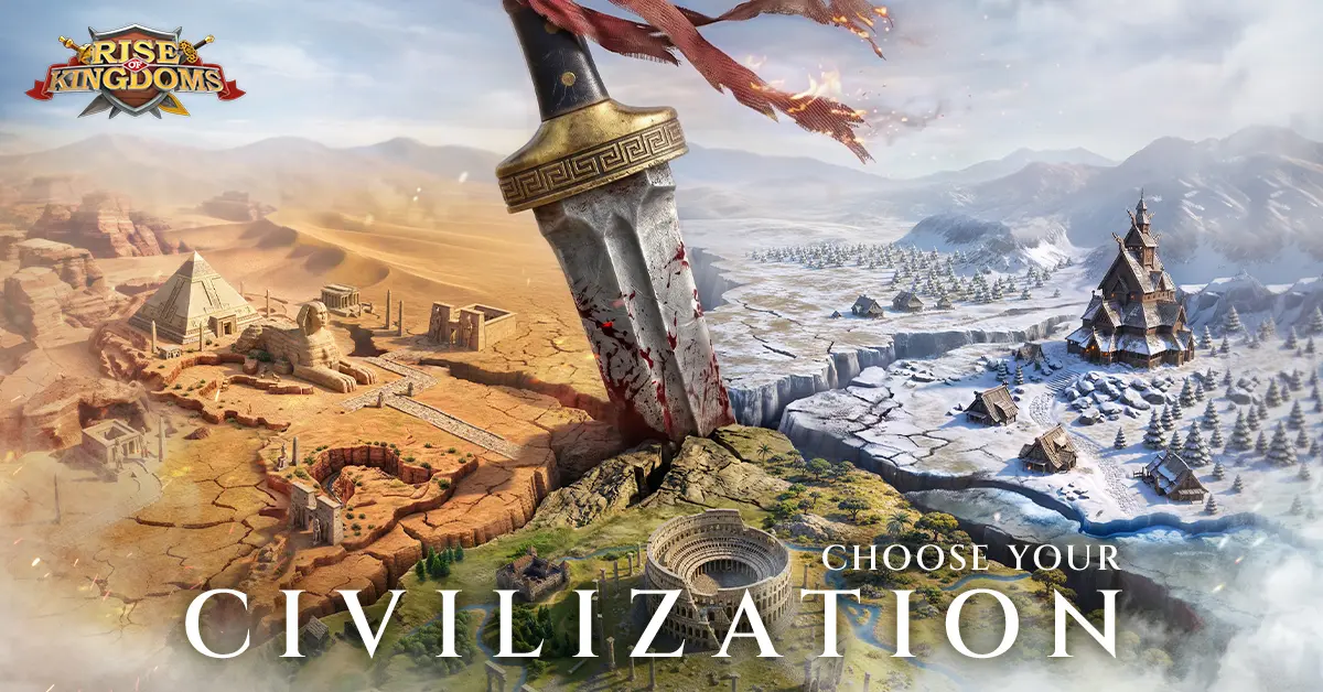 Rise of Kingdoms hero banner showing historical civilizations and commanders on the battlefield
