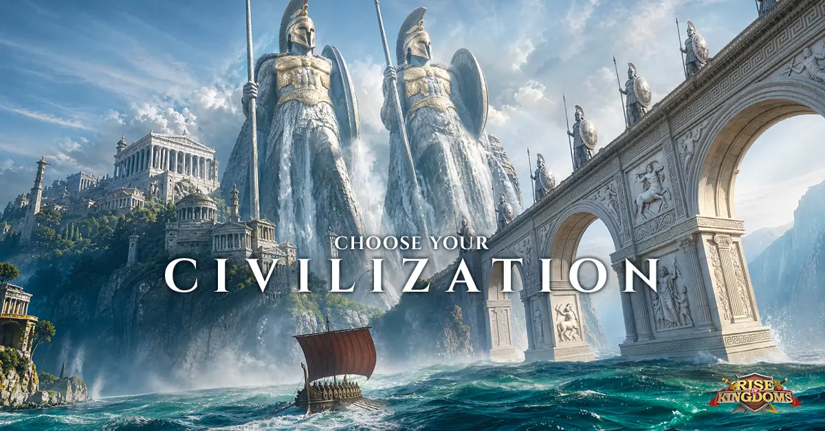 Rise of Kingdoms hero banner showing historical civilizations and commanders on the battlefield
