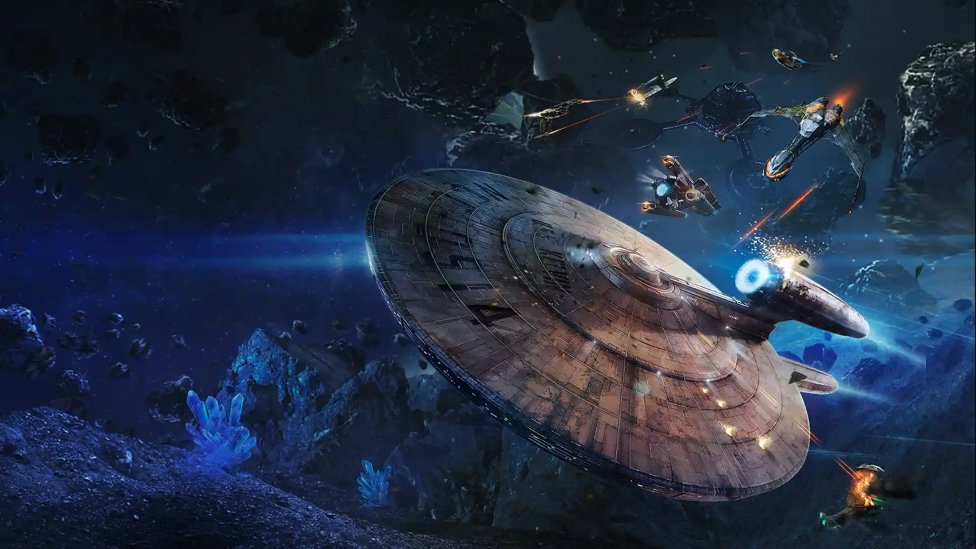 Star Trek Fleet Command key art showing starships against the Star Trek galaxy backdrop