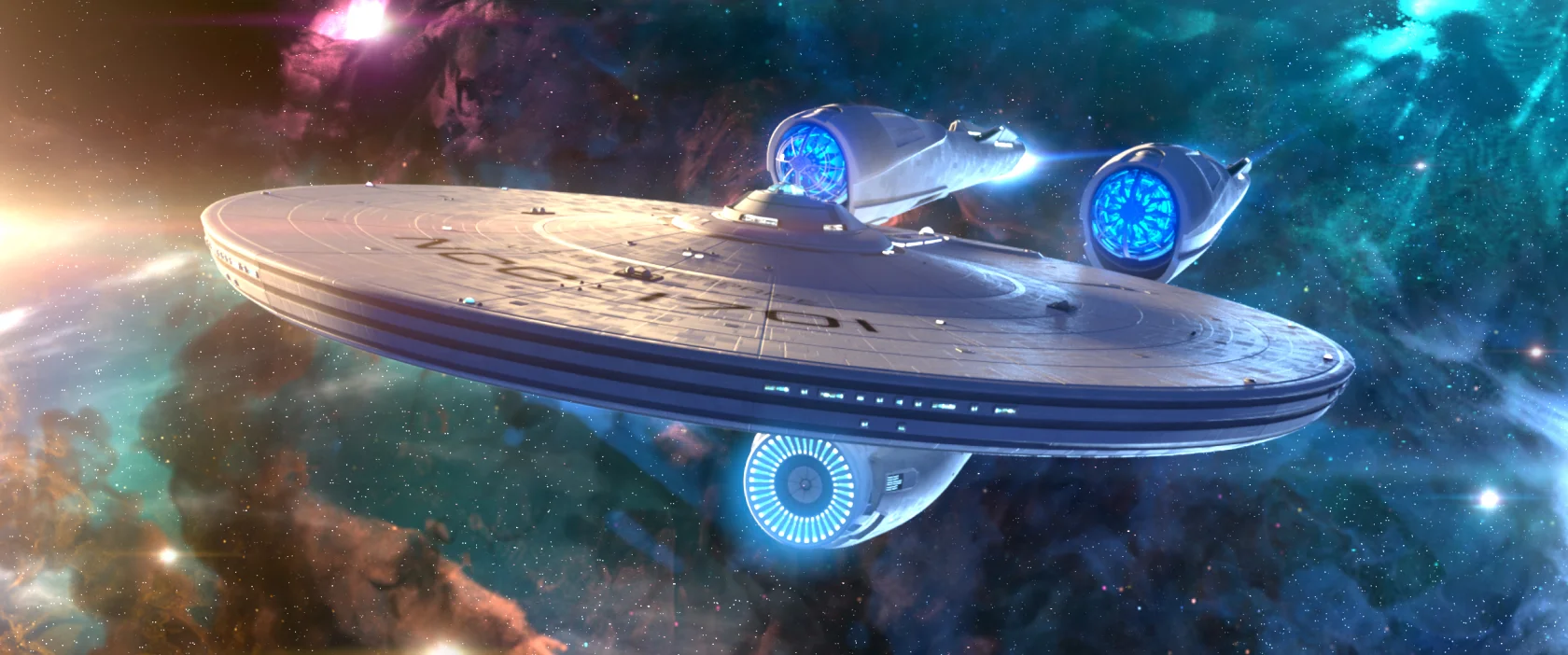 The USS Enterprise cruising through the Star Trek Fleet Command galaxy