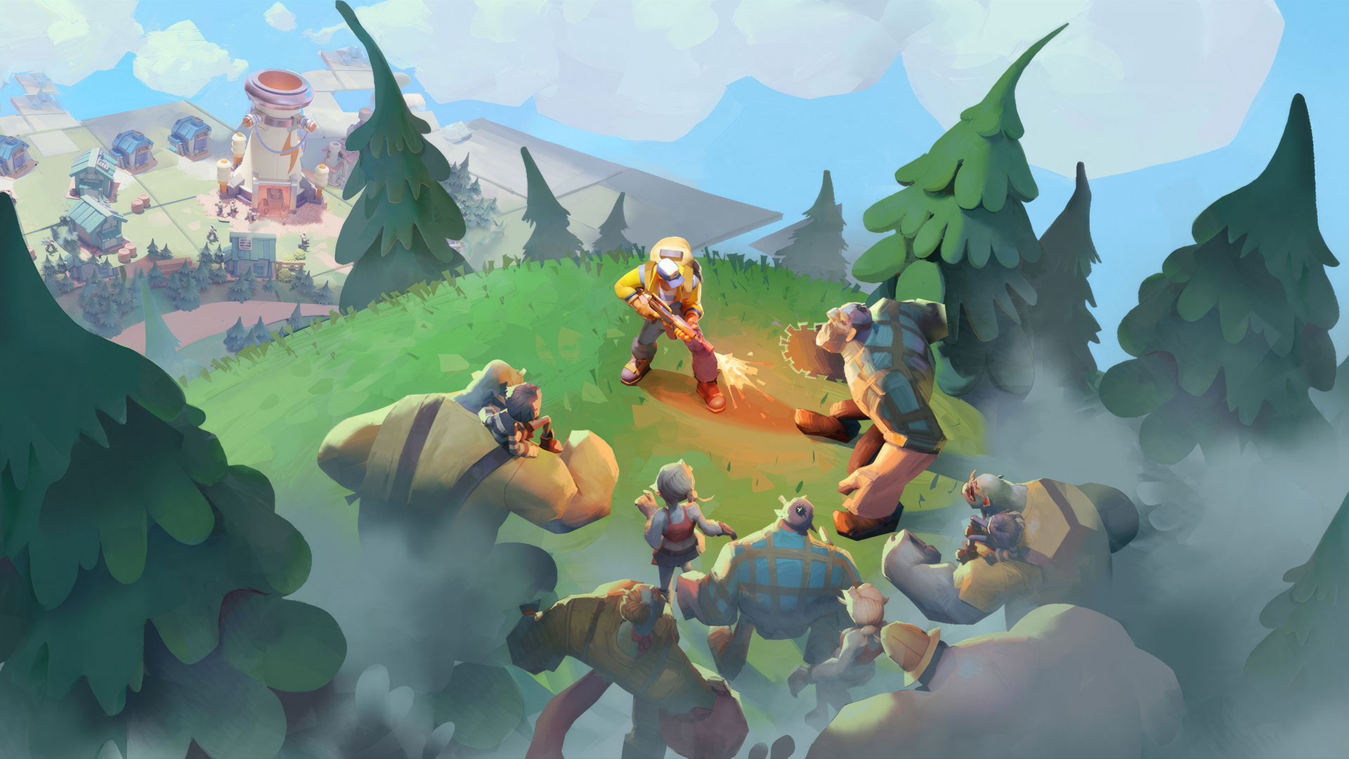 Tiles Survive! official key visual showing the survivors led by Sarge defending against a zombie horde in a post-apocalyptic setting